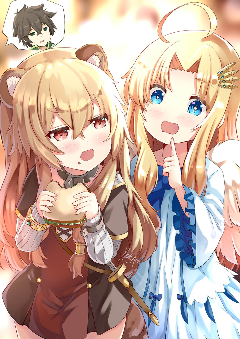 1boy 2girls :d ahoge angel_wings animal_ear_fluff animal_ears bangs blonde_hair blue_bow blue_eyes blurry blurry_background bow brown_capelet brown_dress brown_hair capelet collarbone commentary depth_of_field dress drooling eyebrows_visible_through_hair feathered_wings fingernails firo_(tate_no_yuusha_no_nariagari) food food_on_face green_eyes grey_shirt hair_between_eyes hair_ornament hand_up highres holding holding_food index_finger_raised iwatani_naofumi long_hair long_sleeves mouth_drool multiple_girls open_mouth parted_bangs pixiv_id raccoon_ears raphtalia red_eyes ribbed_shirt sandwich shirt signature smile tate_no_yuusha_no_nariagari time_paradox twitter_username very_long_hair white_dress white_wings wide_sleeves wings xephonia