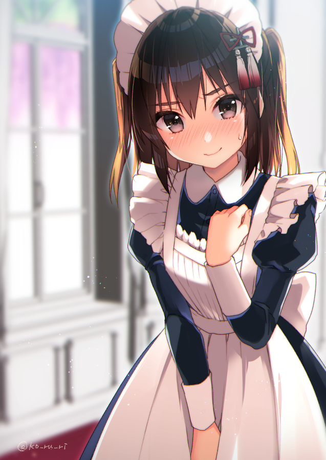 1girl alternate_costume apron bangs blush brown_eyes brown_hair closed_mouth enmaided eyebrows_visible_through_hair hair_between_eyes hair_ornament indoors kantai_collection koruri long_hair long_sleeves looking_at_viewer maid maid_apron maid_headdress sendai_(kantai_collection) solo sweat twitter_username two_side_up window