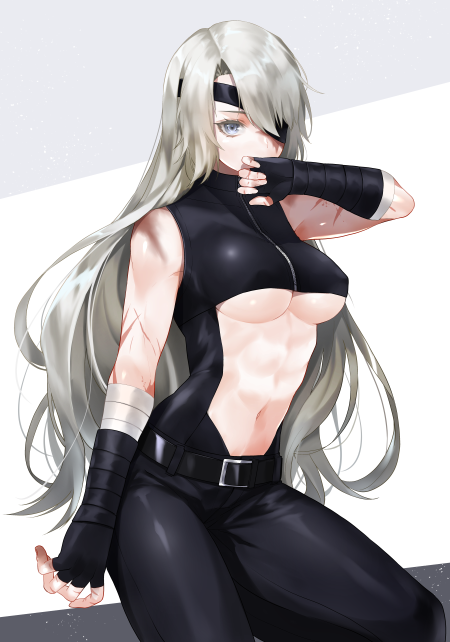 1girl abs bandages bangs belt black_belt black_clothes black_pants blue_eyes breasts buckle center_opening commentary_request covering_mouth cowboy_shot eyepatch fingerless_gloves gloves hand_up highres large_breasts long_hair looking_at_viewer messy_hair midriff multicolored multicolored_background muscle muscular_female navel one-eyed original pants parted_bangs scar sidelocks silver_hair solo toned under_boob waka_(shark_waka) zipper