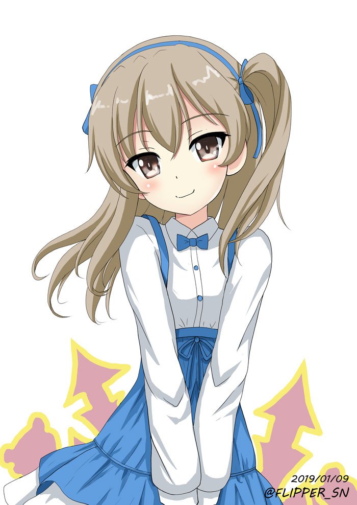 1girl alternate_color bangs blue_neckwear blue_ribbon bow bowtie brown_eyes casual closed_mouth collared_shirt commentary dated eyebrows_visible_through_hair flipper girls_und_panzer hair_ribbon head_tilt high-waist_skirt layered_skirt light_blush light_brown_hair long_hair long_sleeves looking_at_viewer medium_skirt one_side_up ribbon shimada_arisu shirt skirt smile solo standing suspender_skirt suspenders twitter_username v_arms white_background white_shirt