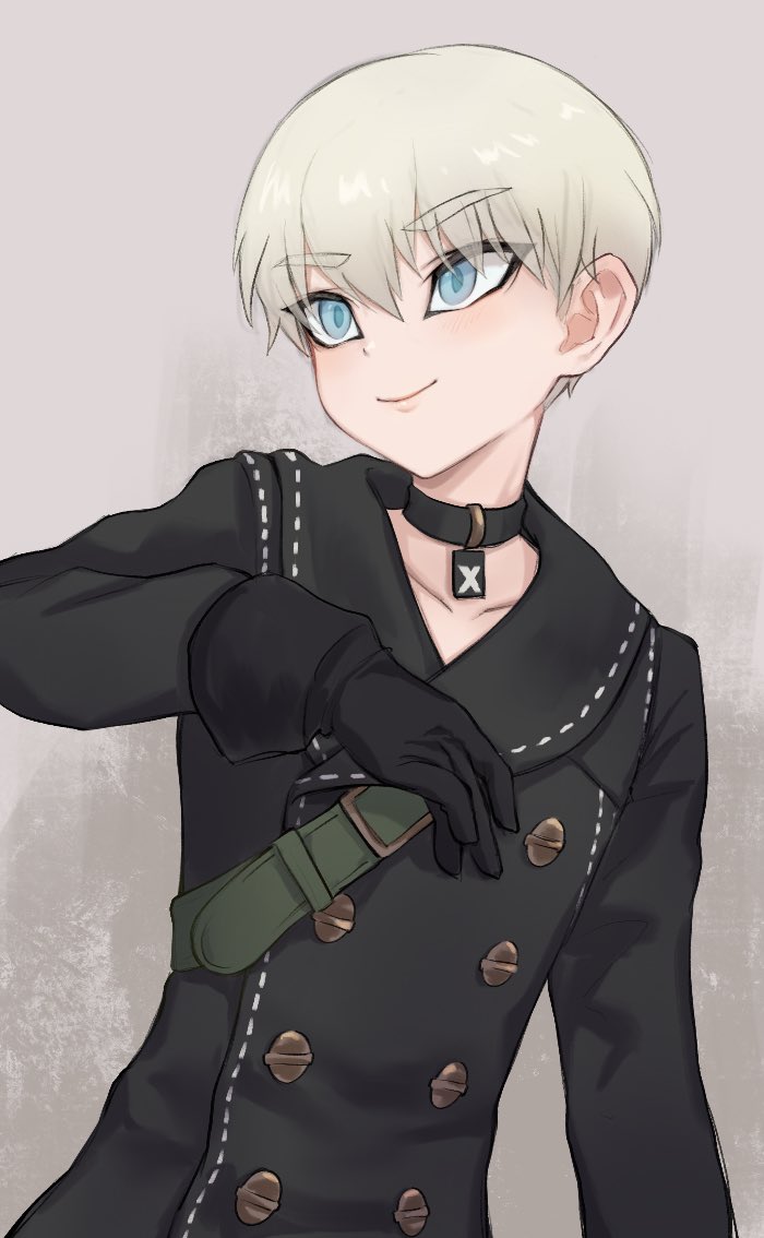 1boy bangs black_choker black_gloves blue_eyes buttons choker closed_mouth collarbone double-breasted eyebrows_visible_through_hair eyes_visible_through_hair gloves hair_between_eyes jtveemo long_sleeves nier_(series) nier_automata short_hair silver_hair smile solo yorha_no._9_type_s