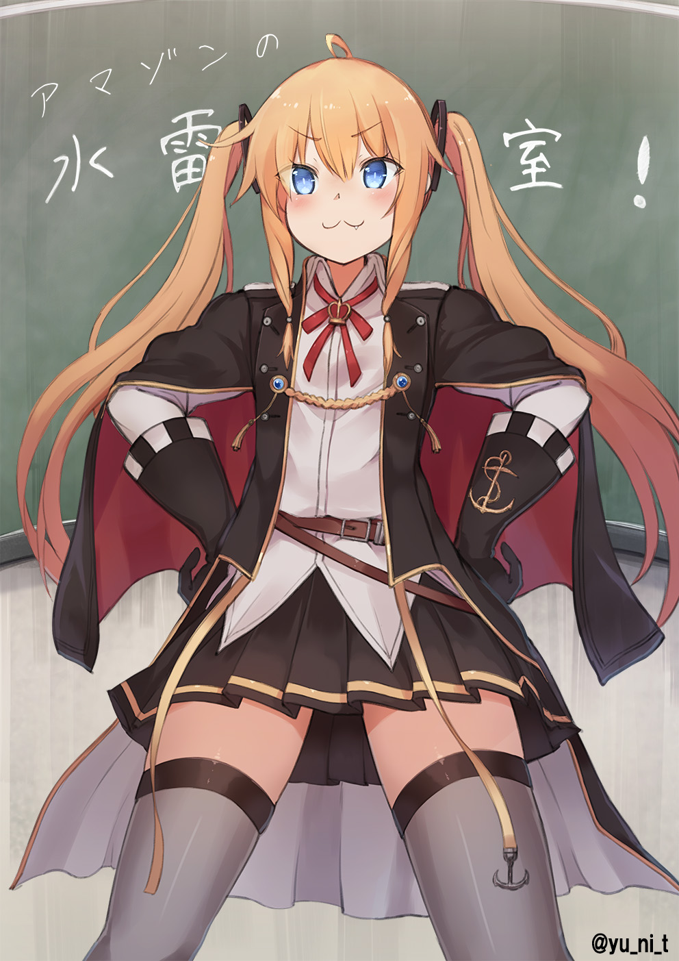 1girl :3 ahoge amazon_(azur_lane) anchor_symbol arms_at_sides azur_lane blonde_hair blue_eyes cape chalkboard commentary_request fang fang_out gloves hair_between_eyes hair_ornament hands_on_hips highres long_hair looking_at_viewer military military_uniform shirt solo thigh-highs twintails uniform yu_ni_t