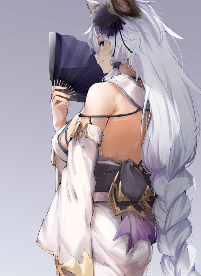 1girl animal_ears ass back_bow backless_outfit blue_background bow braid cat_ears commentary_request cowboy_shot detached_sleeves dress erune fan flower folding_fan from_behind granblue_fantasy hair_flower hair_ornament hair_tubes heles holding holding_fan long_hair looking_at_viewer looking_back silver_hair simple_background single_braid solo uno_ryoku very_long_hair white_dress