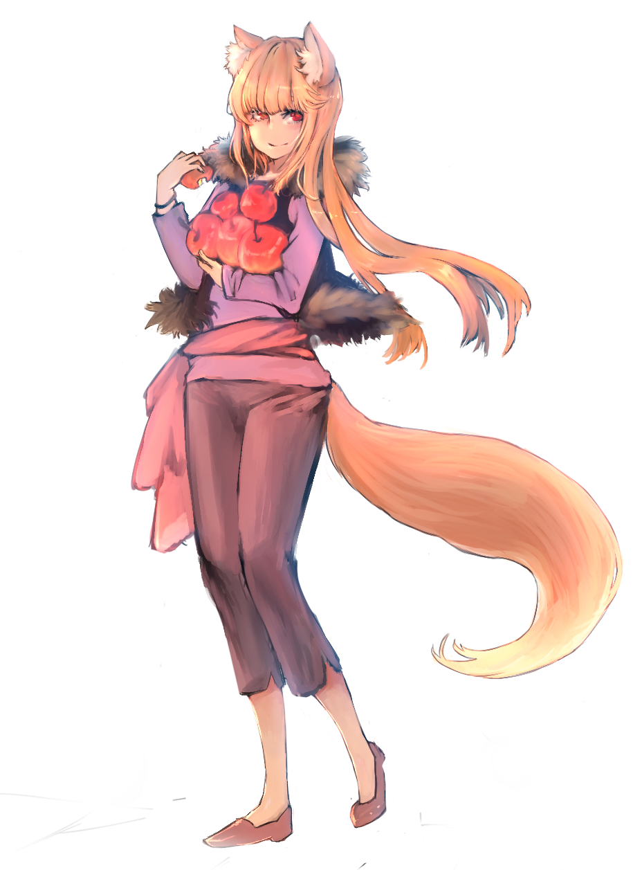 1girl animal_ear_fluff animal_ears apple brown_hair food fruit full_body fur_trim highres holding holding_food holding_fruit holo long_hair long_sleeves looking_at_viewer nibochi1122 pants purple_shirt red_eyes shirt shoes simple_background smile solo spice_and_wolf standing tail white_background wolf_ears wolf_tail wristband