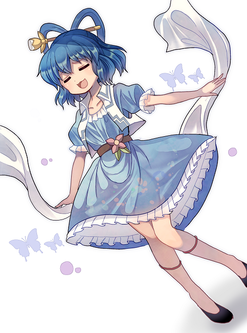 1girl :3 :d =_= bangs belt black_belt black_footwear blue_dress blue_hair blush bug butterfly commentary_request dress dutch_angle eyebrows_visible_through_hair feet_out_of_frame flats flower hair_ornament hair_rings hair_stick insect kaku_seiga open_mouth petticoat pink_flower puffy_short_sleeves puffy_sleeves sameya shadow shawl shoes short_hair short_sleeves simple_background smile solo standing touhou vest white_background white_vest wing_collar