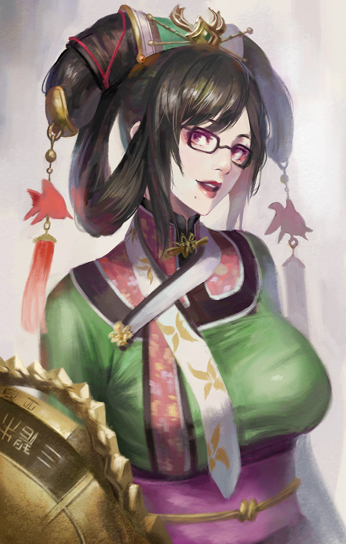 1girl black-framed_eyewear black_hair breasts chinese_clothes commentary_request glasses hair_ornament hair_rings head_tilt large_breasts lipstick looking_at_viewer makeup mole mole_under_mouth obi parted_lips phamoz samurai_spirits sash solo tassel updo violet_eyes wu-ruixiang