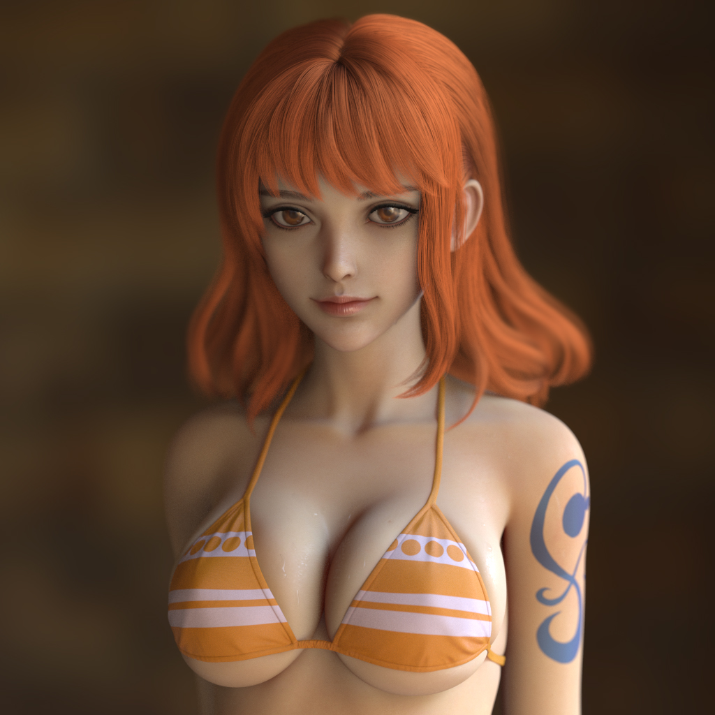 3d bikini nami_(one_piece) one_piece simple_background swimsuit