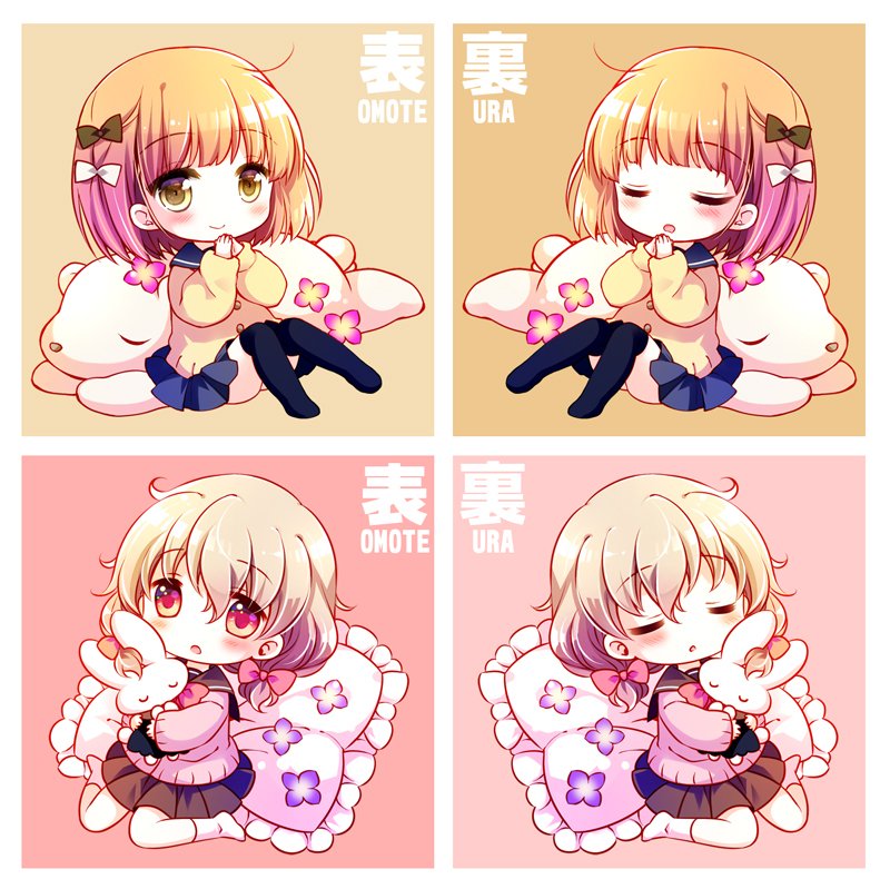 2girls :o bangs black_legwear black_sailor_collar blonde_hair blue_skirt blush bow brown_eyes brown_sailor_collar brown_skirt brown_sweater cardigan closed_eyes closed_mouth commentary_request eyebrows_visible_through_hair flower frilled_pillow frills hair_between_eyes hair_bow hands_up light_brown_hair long_sleeves multiple_girls no_shoes object_hug original parted_lips pillow pink_bow pink_cardigan pink_flower pleated_skirt puffy_long_sleeves puffy_sleeves purple_flower red_eyes romaji_text sailor_collar sakurazawa_izumi sitting skirt smile socks stuffed_animal stuffed_bunny stuffed_toy sweater thigh-highs translated wariza white_legwear