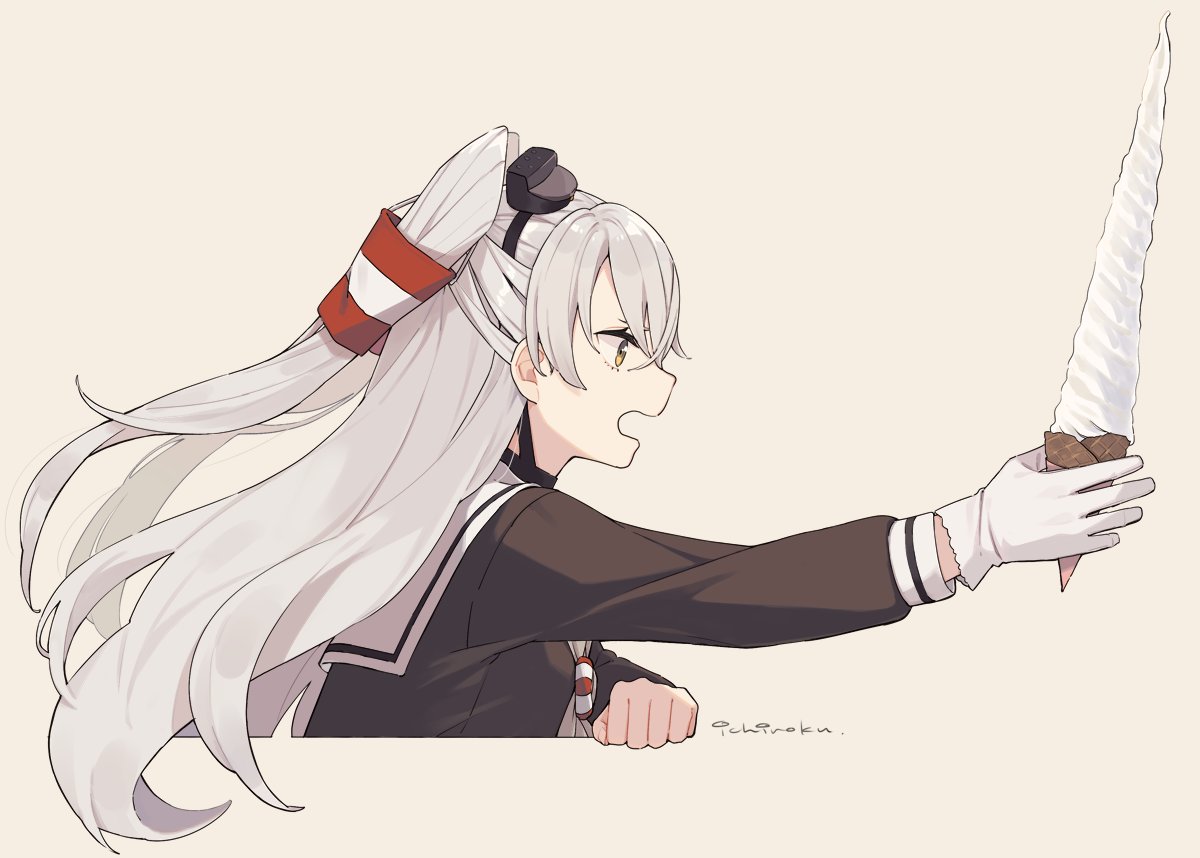 1girl amatsukaze_(kancolle) bangs black_dress commentary_request cropped_torso dress food gloves grey_hair grey_neckerchief hair_between_eyes holding holding_food ice_cream ice_cream_cone ichiroku_(sakumogu-029) kantai_collection long_hair long_sleeves neckerchief orange_eyes profile signature simple_background single_glove solo two_side_up upper_body white_gloves