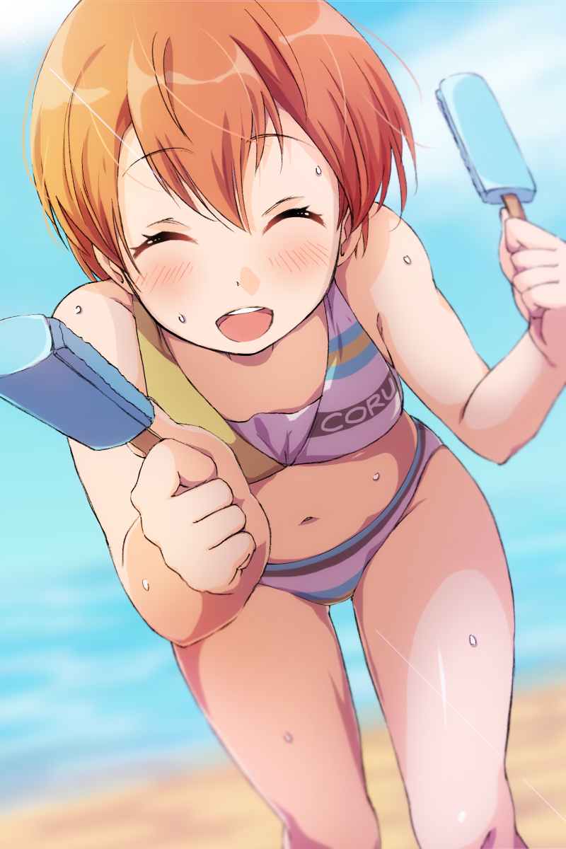 1girl :d ^_^ ascii_media_works beach bikini blurry blurry_background blush bushiroad closed_eyes commentary_request cute day facing_viewer flat_chest food highres holding holding_food hoshizora_rin incoming_food leaning_forward love_live! love_live!_school_idol_project navel open_mouth orange_hair outdoors popsicle sen_(sen0910) short_hair smile solo summer sunrise_(studio) sweat swimsuit tokyo_mx tomboy
