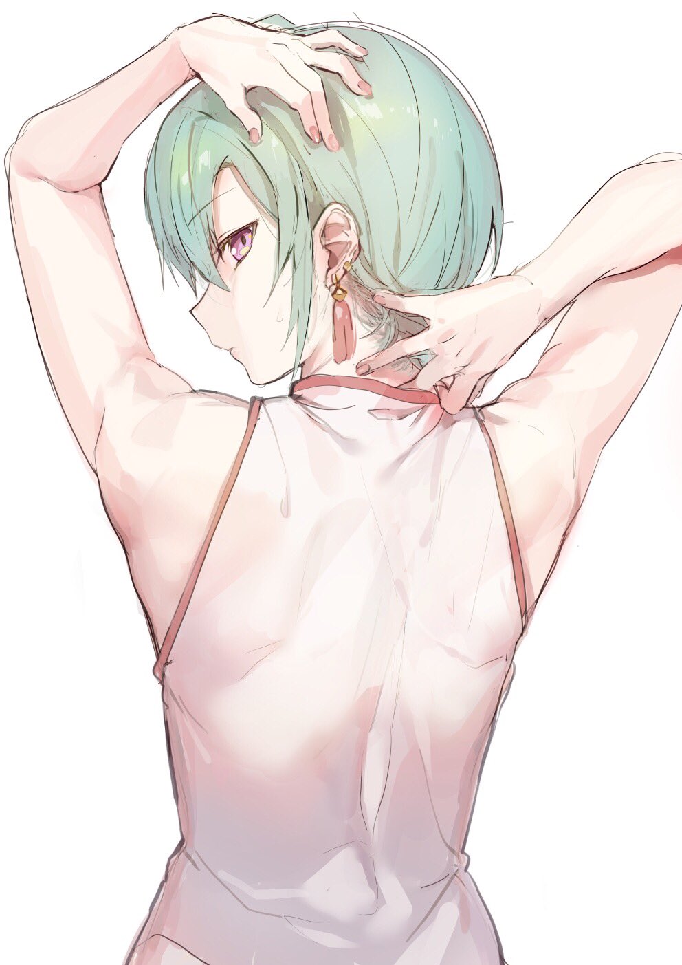 1other androgynous back earrings from_behind green_hair hand_on_own_head hand_on_own_neck highres jewelry konbu_wakame looking_back nape nijisanji red_nails ryuushen short_hair shoulder_blades solo source_request violet_eyes virtual_youtuber
