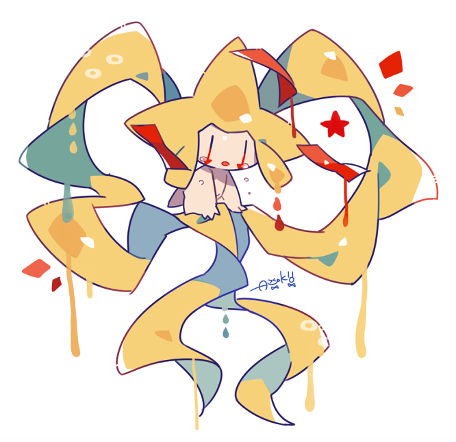 alternate_color artist_name auko crying full_body gen_3_pokemon jirachi no_humans open_mouth poke_ball_symbol pokemon pokemon_(creature) red_eyes shiny_pokemon signature simple_background tears white_background