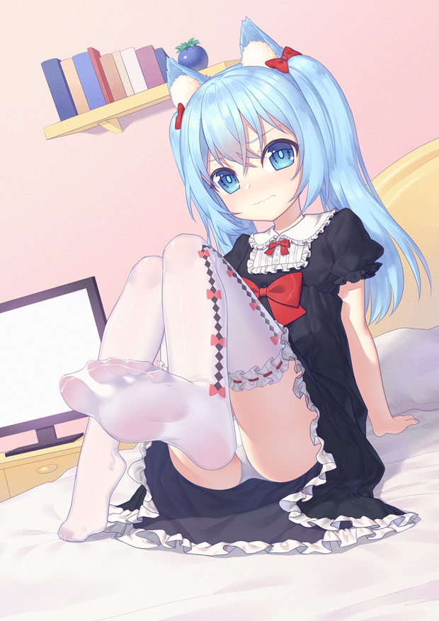 1girl animal_ear_fluff animal_ears arm_support bangs black_dress blue_eyes blue_hair bow cat_ears chi_yei dress eyebrows_visible_through_hair feet frilled_dress frilled_legwear frills hair_between_eyes hair_bow knees_together_feet_apart legs long_hair looking_down no_shoes on_bed original panties pantyshot pantyshot_(sitting) pillow red_bow short_sleeves sitting solo television thigh-highs toes underwear wavy_mouth white_panties