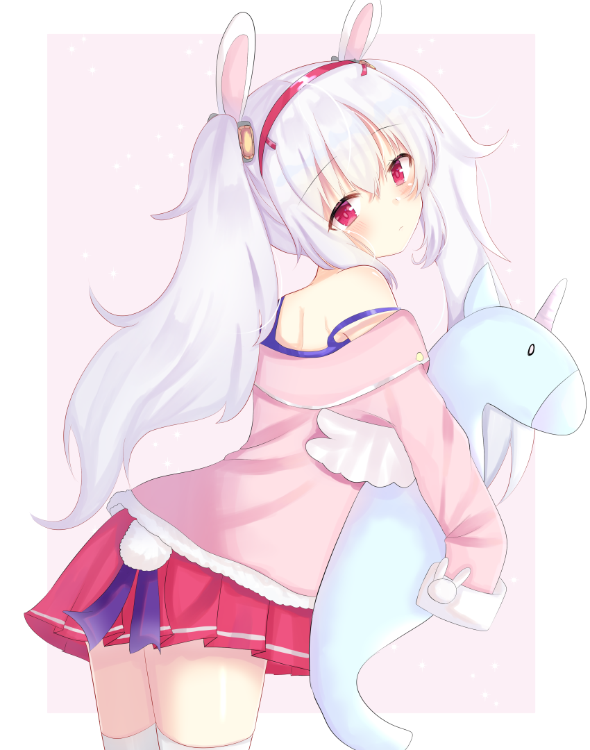 1girl animal_ears azur_lane blush bunny_tail commentary_request cowboy_shot expressionless eyebrows_visible_through_hair from_side hair_between_eyes hair_bobbles hair_ornament hairband head_tilt holding holding_stuffed_animal jacket laffey_(azur_lane) leaning_forward long_hair looking_at_viewer looking_back miniskirt nibosisuzu pink_background pink_jacket pleated_skirt rabbit_ears red_hairband red_skirt ribbon seahorse silver_hair simple_background skirt sleeves_past_fingers sleeves_past_wrists solo sparkle_background strap_slip stuffed_animal stuffed_toy tail tail_ribbon thigh-highs twintails white_legwear