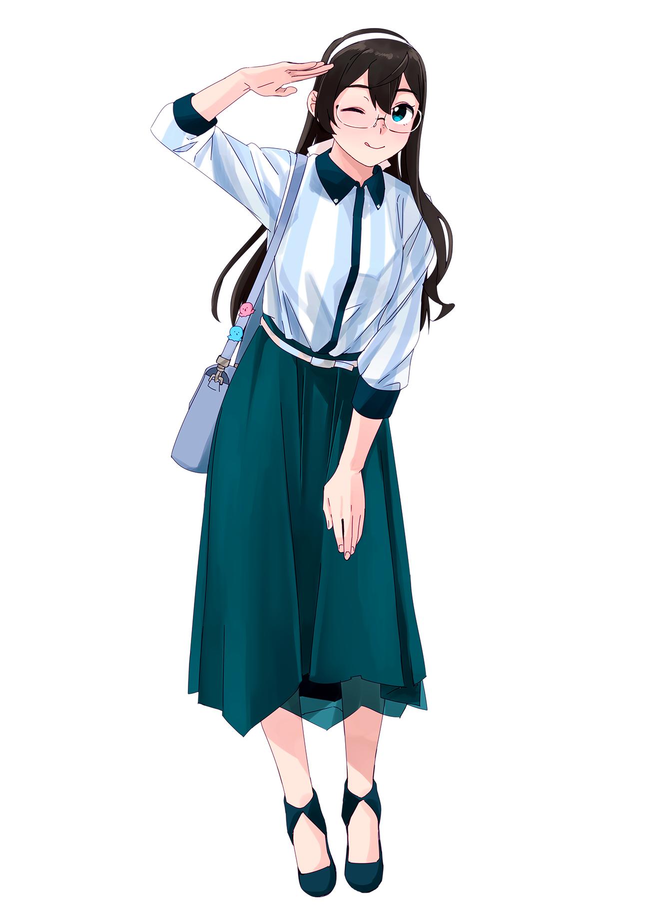 1girl alternate_costume bag black_hair commentary_request full_body green_eyes green_footwear green_skirt hairband handbag highres kantai_collection leaning_forward long_hair long_skirt looking_at_viewer ojipon ooyodo_(kantai_collection) salute semi-rimless_eyewear shirt simple_background skirt smile solo standing striped striped_shirt tongue tongue_out under-rim_eyewear white_background