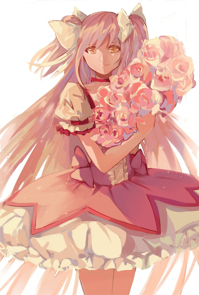 1girl bouquet bubble_skirt choker cowboy_shot flower frilled_skirt frilled_sleeves frills goddess_madoka hair_ribbon highres holding holding_bouquet holding_flower kaname_madoka long_hair looking_at_viewer mahou_shoujo_madoka_magica pink_flower pink_hair pink_ribbon pink_rose pink_theme puffy_short_sleeves puffy_sleeves red_neckwear ribbon rose shaded_face short_sleeves short_twintails simple_background skirt smile solo sparkle standing thighs twintails very_long_hair white_background white_ribbon wttwj yellow_eyes