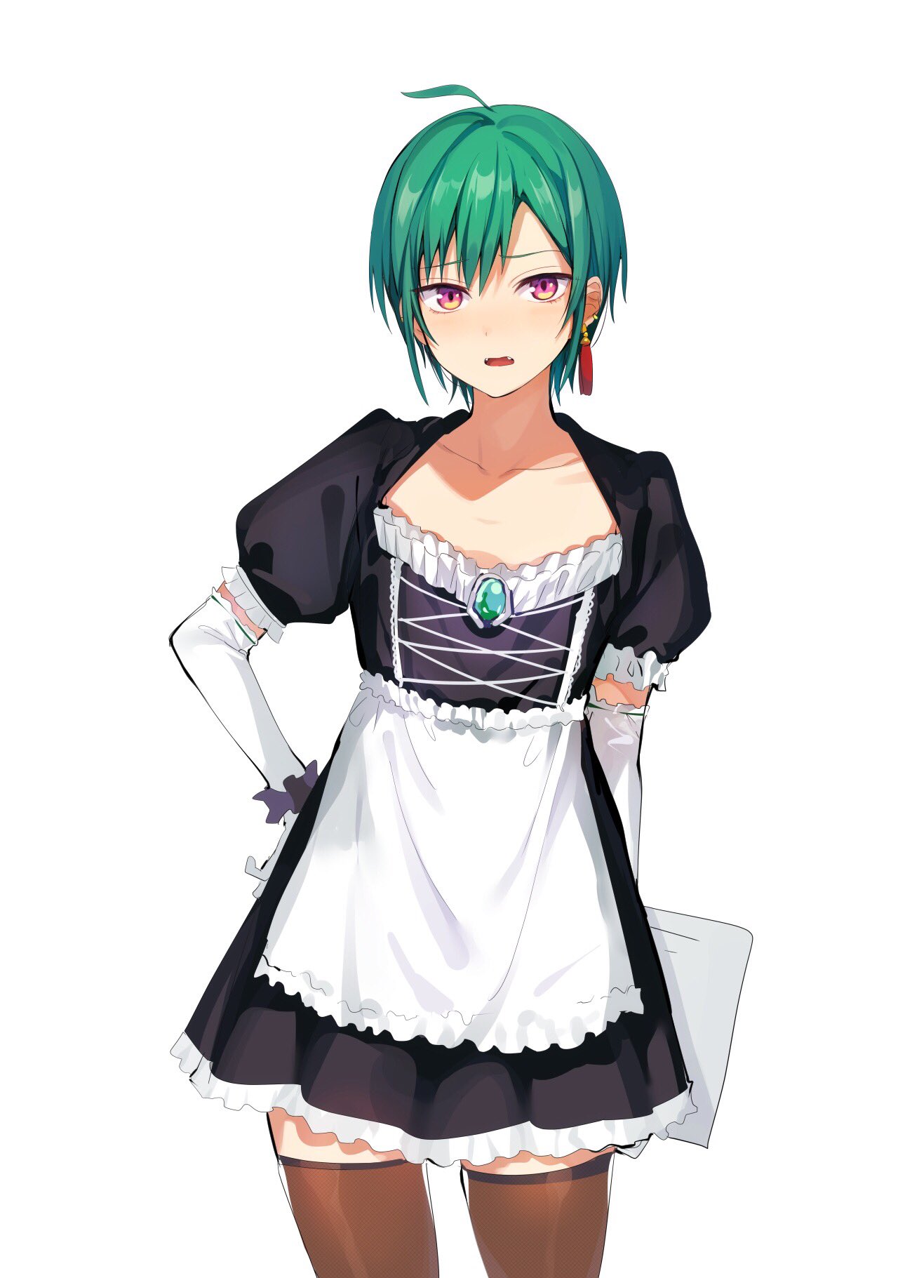 1other ahoge androgynous bad_id bad_twitter_id blush fangs green_hair highres konbu_wakame maid nijisanji ryuushen short_hair solo thigh-highs violet_eyes virtual_youtuber