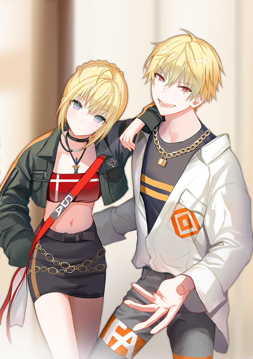 1boy 1girl :d ahoge alternate_costume artoria_pendragon_(all) bandeau bangs belt black_choker black_jacket black_shirt black_skirt blonde_hair breasts casual chain choker cropped_jacket fate/grand_order fate/stay_night fate_(series) gilgamesh grey_pants hair_between_eyes head_tilt jacket jewelry lloule lock long_sleeves looking_at_viewer midriff navel necklace open_clothes open_jacket open_mouth padlock pants pencil_skirt red_eyes saber shirt short_hair skirt small_breasts smile standing v-shaped_eyebrows violet_eyes white_jacket wing_collar