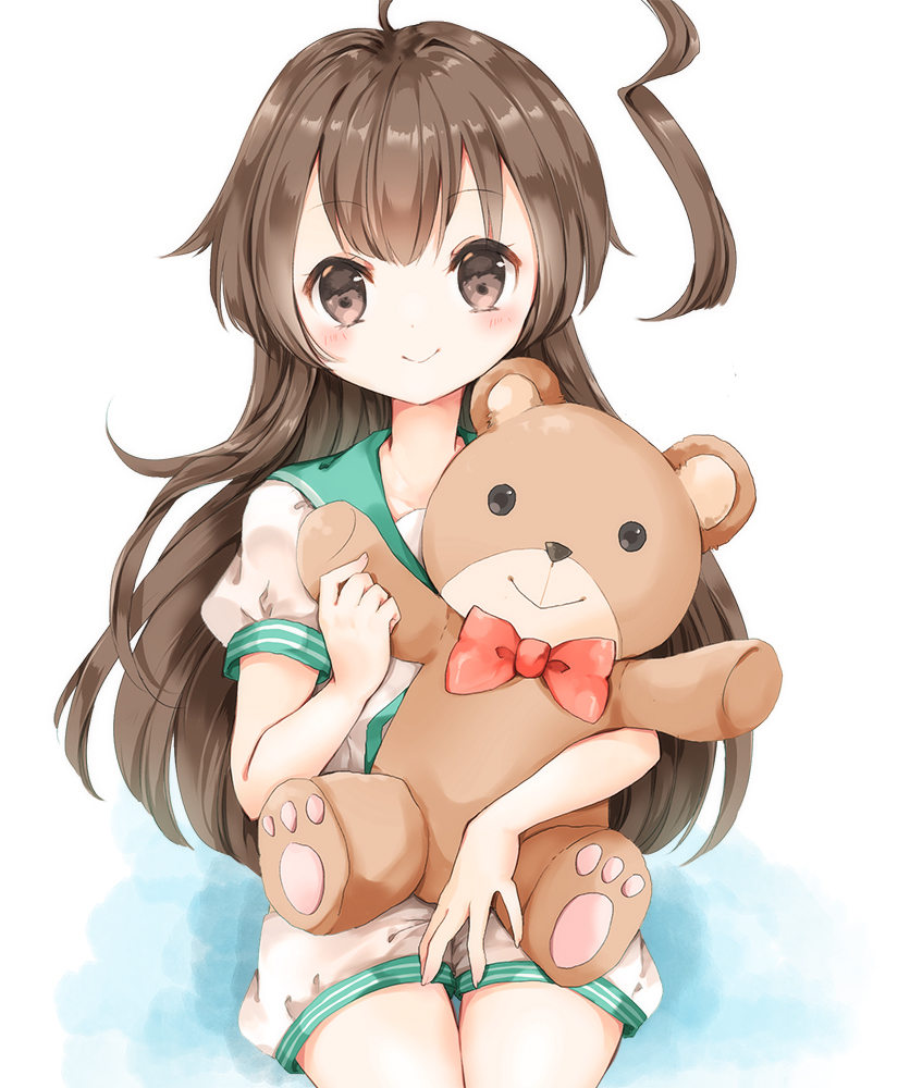 1girl ahoge bangs blush bow brown_eyes brown_hair eyebrows_visible_through_hair holding holding_stuffed_animal huge_ahoge kantai_collection kuma_(kantai_collection) long_hair red_bow sailor_collar school_uniform serafuku shorts smile solo stuffed_animal stuffed_toy teddy_bear white_background yuuki_susumu