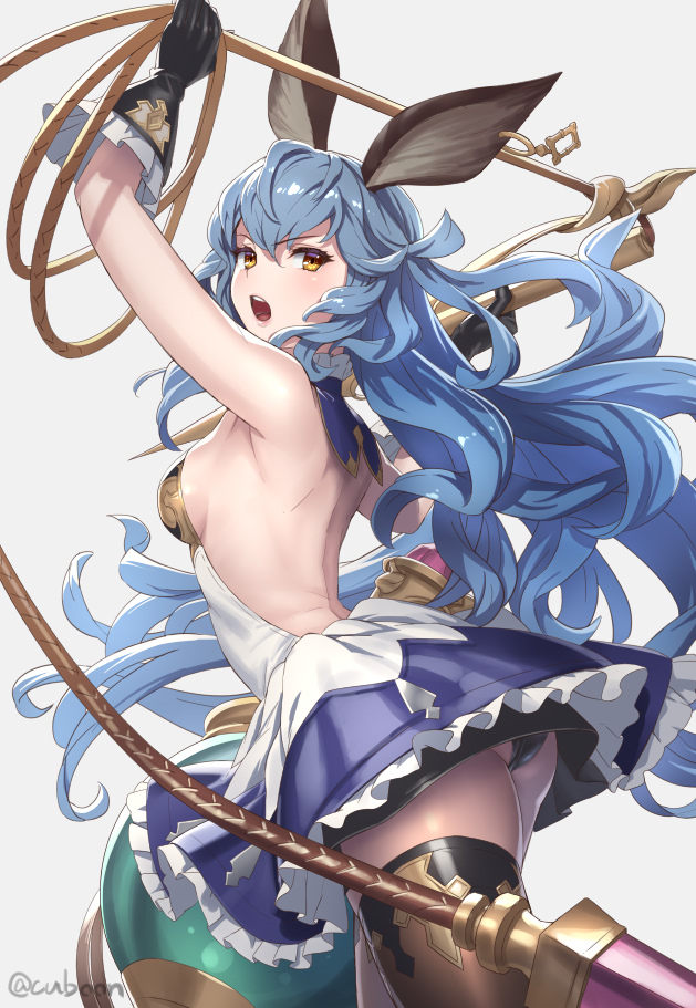 1girl animal_ears arms_up backless_dress backless_outfit bare_shoulders black_panties blue_hair breasts commentary_request cowboy_shot cuboon dress earrings erune ferry_(granblue_fantasy) from_side gloves granblue_fantasy grey_background jewelry long_hair looking_back open_mouth panties short_dress sideboob simple_background small_breasts solo thigh-highs underwear upskirt very_long_hair whip yellow_eyes