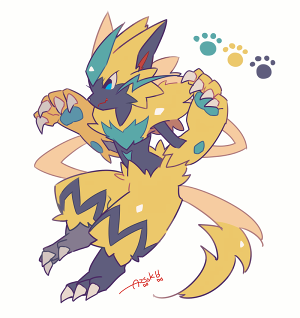 :3 artist_name auko blue_eyes claw_pose claws from_side full_body furry hands_up no_humans paw_print poke_ball_symbol pokemon signature simple_background smile solo standing white_background zeraora