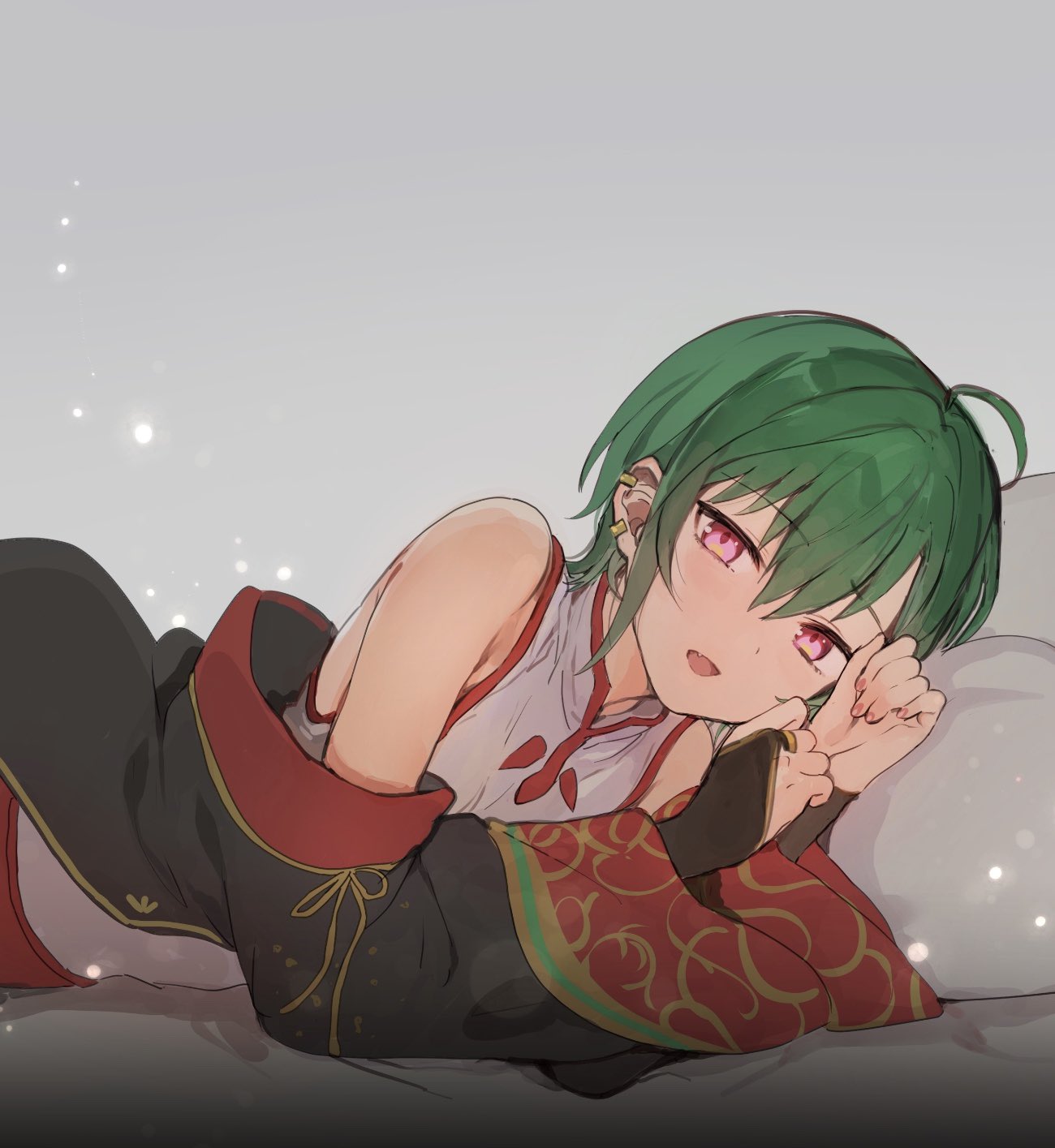 1other ahoge androgynous bad_id bad_twitter_id bare_shoulders blush chinese_clothes earrings fang green_hair highres jewelry konbu_wakame lying nijisanji on_side open_mouth pillow red_nails ryuushen short_hair solo violet_eyes virtual_youtuber