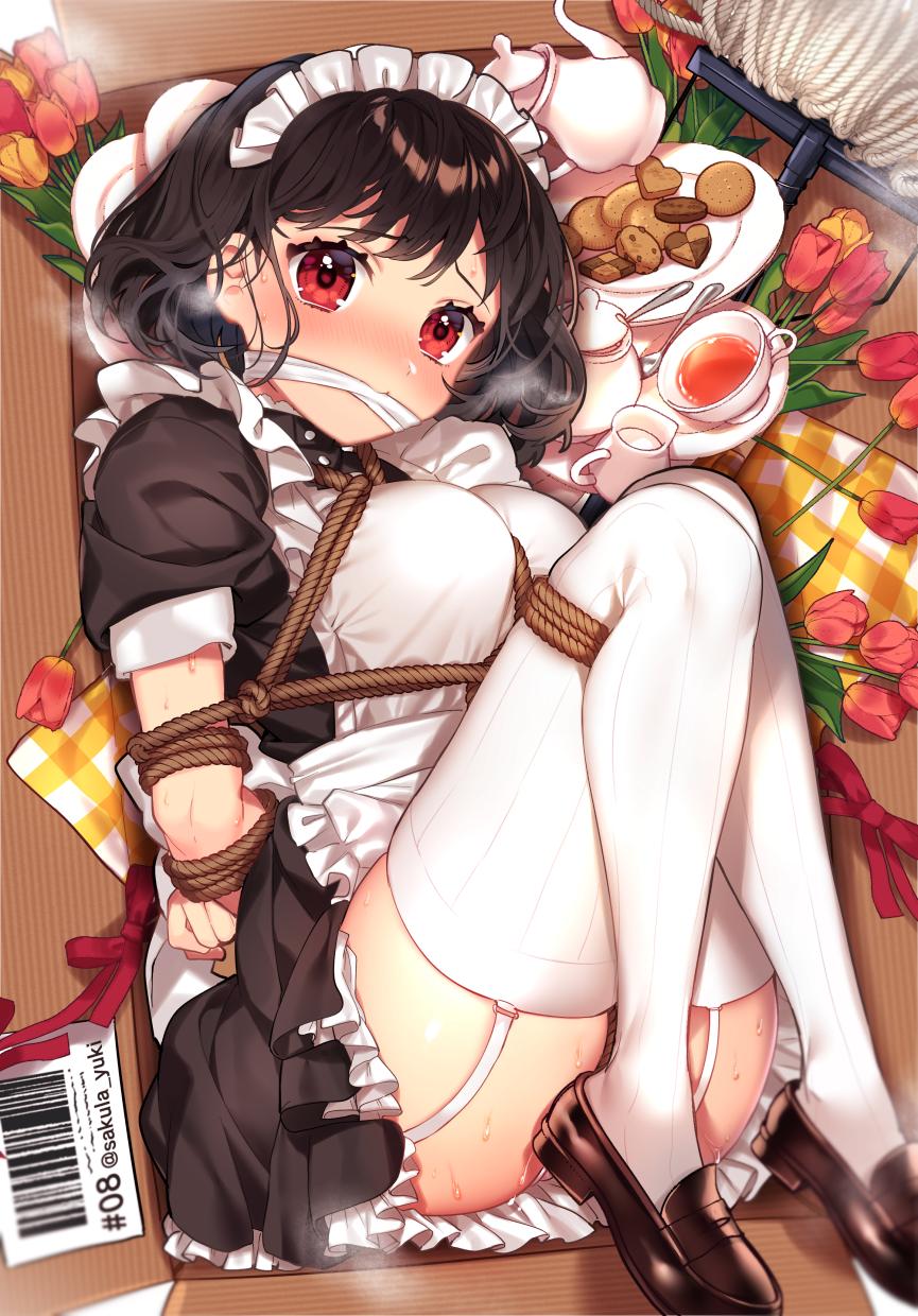 1girl apron arms_behind_back bangs barcode blush bound box breasts brown_footwear commentary_request cup dress embarrassed eyebrows_visible_through_hair flower garter_straps highres in_box in_container loafers looking_at_viewer lying maid maid_headdress medium_breasts mop on_side original panties red_eyes rope sakura_yuki_(clochette) shoes short_hair sidelocks solo sweat tea teacup teapot thigh-highs thighs underwear white_legwear white_panties