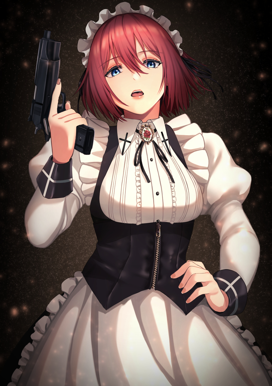 1girl apron bangs blue_eyes breasts brooch brown_nails center_frills collared_dress commentary dress eyebrows_visible_through_hair fingernails floral_print frills gun hair_between_eyes hand_on_hip handgun highres holding holding_gun holding_weapon jewelry juliet_sleeves light_particles long_sleeves looking_at_viewer maid maid_headdress nail_polish neck_ribbon open_mouth original puffy_sleeves redhead redlammy ribbon rose_print short_hair sidelocks solo tareme trigger_discipline underbust upper_body vest weapon white_dress zipper