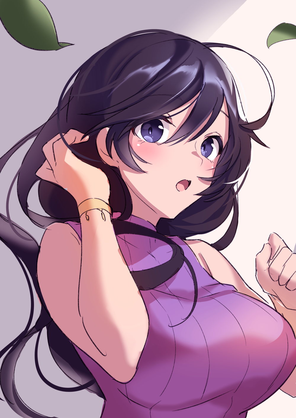 1girl bangs bare_arms bare_shoulders black_hair blush breasts commentary_request curcumin eyebrows_visible_through_hair girls_und_panzer grey_background hair_between_eyes hand_in_hair hand_up highres isuzu_hana large_breasts leaves_in_wind long_hair looking_at_viewer open_mouth purple_sweater ribbed_sweater sleeveless_sweater solo sweater two-tone_background upper_body violet_eyes