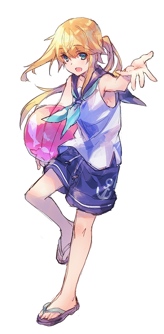 1other blonde_hair blue_eyes blush chevalier_d'eon_(fate/grand_order) fate/grand_order fate_(series) full_body long_hair looking_at_viewer male_focus open_mouth otoko_no_ko sandals shirt simple_background smile solo swimsuit wanko_(takohati8)