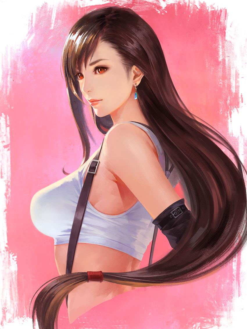 1girl bare_shoulders breasts brown_hair closed_mouth commentary_request crop_top cropped_torso earrings elbow_gloves english_commentary female final_fantasy final_fantasy_vii from_side gloves jewelry lips long_hair low-tied_long_hair medium_breasts midriff mixed-language_commentary realistic red_eyes revision shuichi_wada solo suspenders tank_top tifa_lockhart upper_body