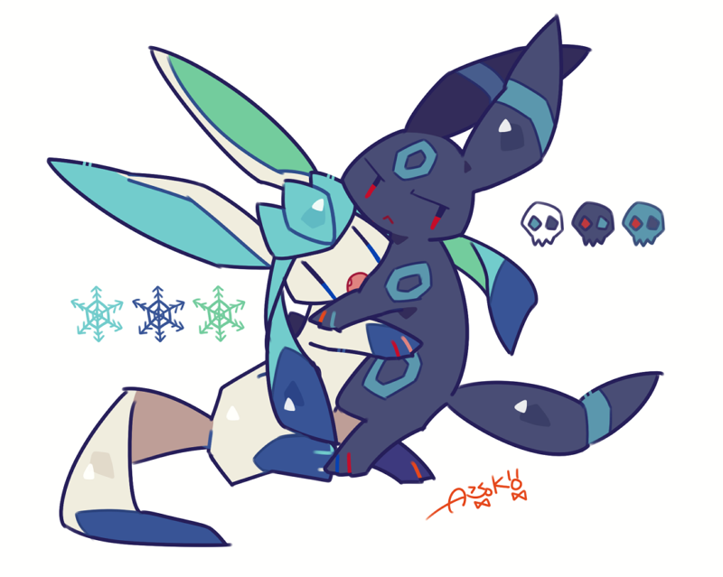 alternate_color annoyed artist_name auko blue_eyes fang full_body gen_2_pokemon gen_4_pokemon glaceon half-closed_eyes hug looking_to_the_side no_humans open_mouth poke_ball_symbol pokemon pokemon_(creature) red_eyes shiny_pokemon signature simple_background skull snowflakes umbreon white_background