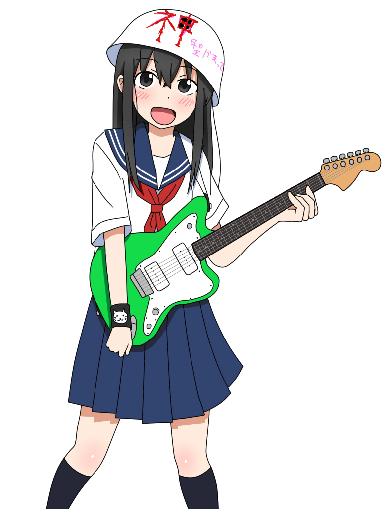 1girl :d aiu1 bangs black_eyes black_hair black_legwear blue_sailor_collar blue_skirt blush commentary_request guitar hair_between_eyes holding holding_instrument instrument jazzmaster kneehighs long_hair necktie open_mouth original pleated_skirt red_neckwear sailor_collar shinsei_kamattechan shirt short_sleeves simple_background skirt smile solo standing white_background white_helmet white_shirt wristband