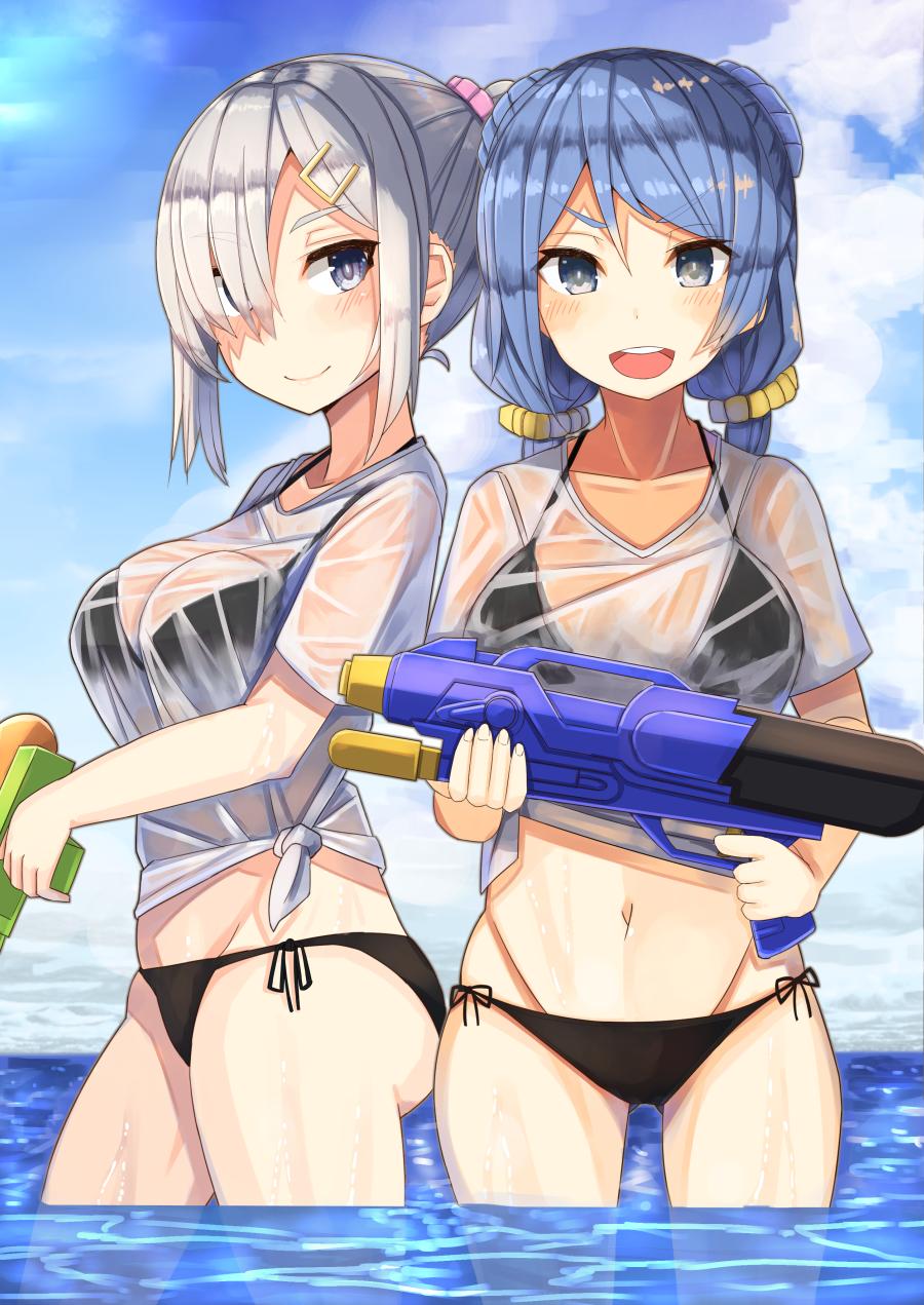 2girls alternate_hairstyle ass_visible_through_thighs bikini black_bikini blue_eyes blue_hair blue_sky blush breasts closed_mouth clouds collarbone cowboy_shot day double_bun hair_ornament hair_over_one_eye hairclip hamakaze_(kantai_collection) highres kantai_collection long_hair looking_at_viewer medium_breasts multiple_girls navel open_mouth outdoors plan_(planhaplalan) see-through shirt short_hair side-tie_bikini silver_hair simple_background skindentation sky smile standing swimsuit tied_hair twintails upper_body urakaze_(kantai_collection) wading water_gun wet wet_clothes wet_shirt wet_t-shirt white_background