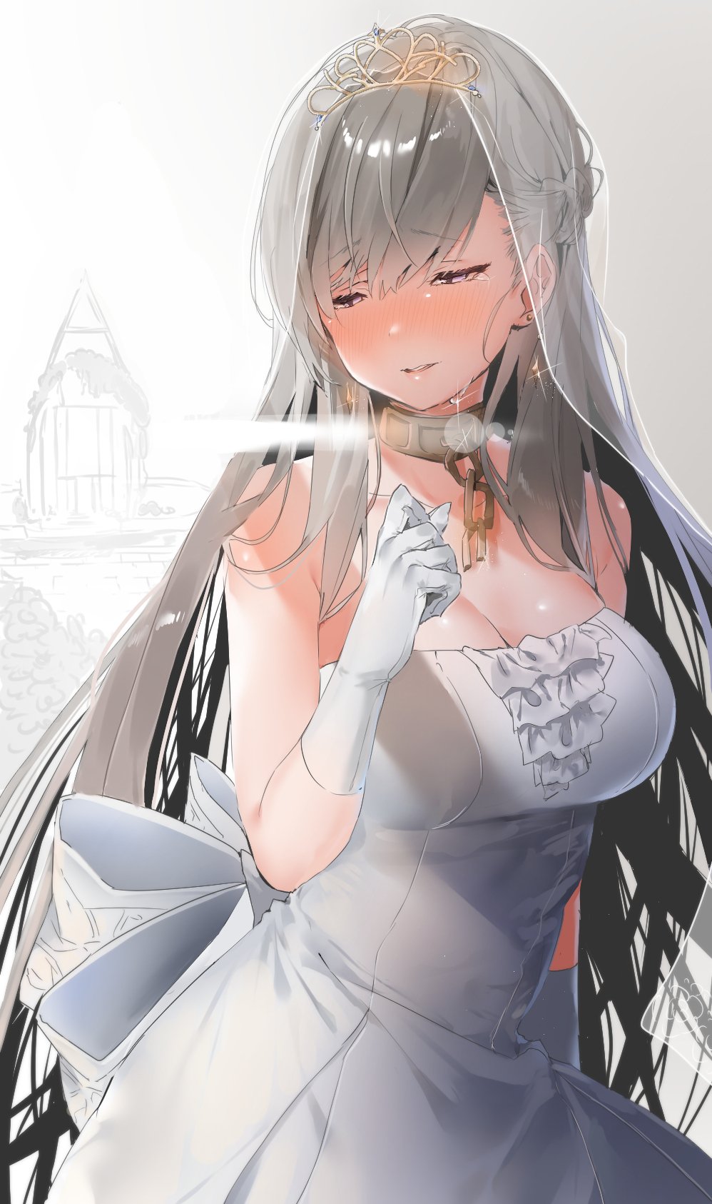 1girl azur_lane bare_shoulders belfast_(azur_lane) blue_eyes blush breasts chain collar dress eyebrows_visible_through_hair gloves highres long_hair solo tears tiara wedding_dress white_hair xretakex