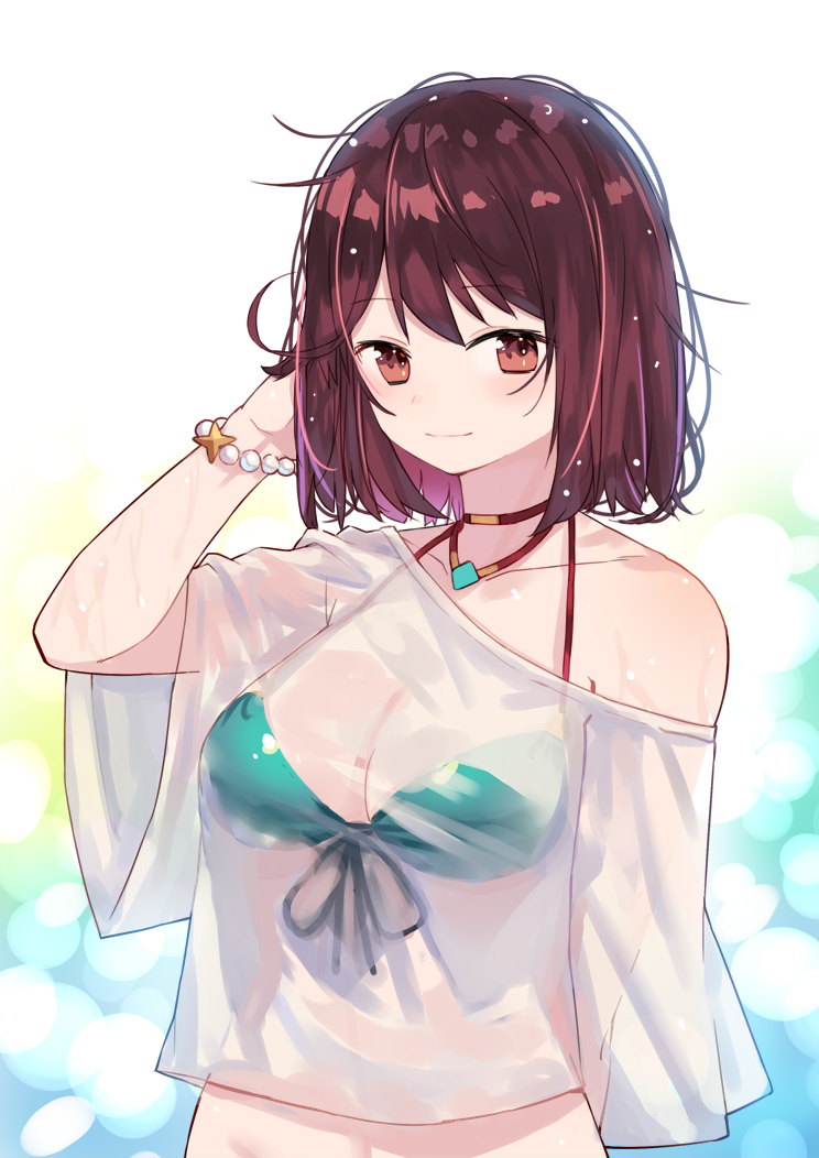 1girl atelier_(series) atelier_sophie bangs bare_shoulders bikini bracelet breasts brown_eyes brown_hair closed_mouth collarbone commentary_request eyebrows_visible_through_hair front-tie_bikini front-tie_top green_bikini hand_up jewelry medium_breasts navel off_shoulder pearl_bracelet ryuuno6 see-through shirt smile solo sophie_neuenmuller swimsuit upper_body white_shirt