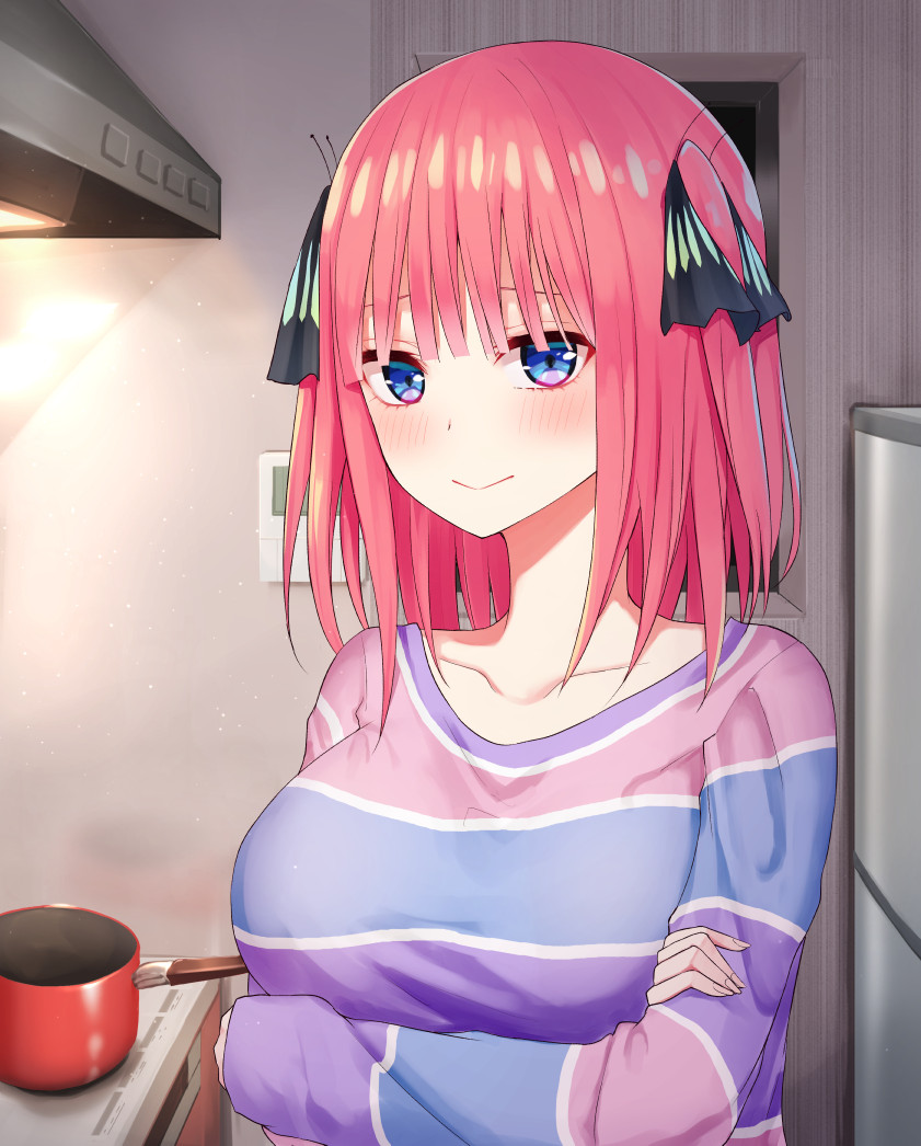 1girl blue_eyes blush breasts closed_mouth collarbone commentary_request go-toubun_no_hanayome hair_ornament indoors large_breasts long_sleeves looking_at_viewer multicolored multicolored_clothes nakano_nino pink_hair piripun pot shirt short_hair smile solo stove striped striped_shirt two_side_up upper_body