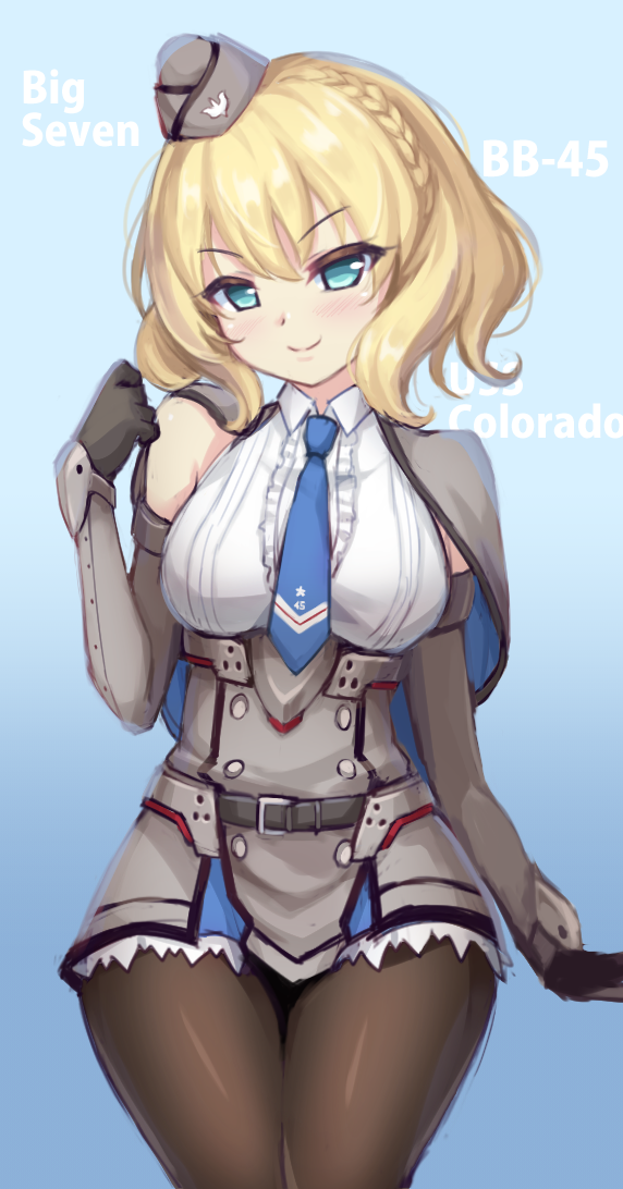 1girl black_gloves black_legwear blonde_hair blue_background blue_eyes blue_neckwear breasts capelet character_name colorado_(kantai_collection) commentary cowboy_shot dress elbow_gloves garrison_cap gloves grey_dress hat kantai_collection looking_at_viewer necktie pantyhose shokuane short_hair solo tsurime