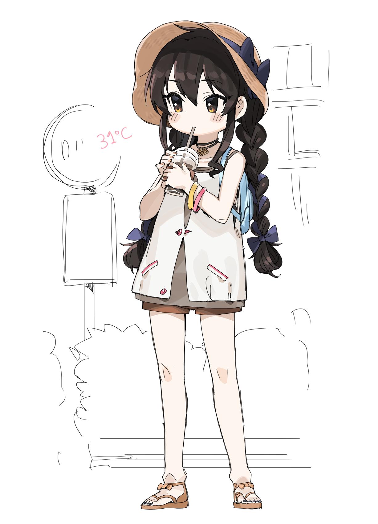 1girl backpack bag bangs black_hair black_nails blush_stickers bow braid brown_dress brown_footwear brown_headwear brown_neckwear brown_shorts commentary cup disposable_cup dress drinking drinking_straw eyebrows_visible_through_hair fingernails full_body hair_between_eyes hair_bow hat hat_bow highres holding holding_cup idolmaster idolmaster_cinderella_girls long_hair low_twintails matoba_risa monochrome_background nail_polish purple_bow sandals short_shorts shorts solo spawnfoxy standing toenail_polish toenails twin_braids twintails very_long_hair white_dress