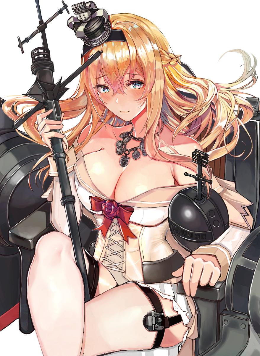 1girl bare_shoulders black_footwear blonde_hair blue_eyes braid breasts commentary_request corset crossed_legs crown dress eriyama_(user_csua4255) flower french_braid garter_straps globus_cruciger hair_between_eyes hairband high_heels highres holding jewelry kantai_collection long_hair long_sleeves machinery mary_janes mini_crown necklace off-shoulder_dress off_shoulder red_flower red_ribbon red_rose ribbon rose scepter shoes simple_background sitting smile solo thigh-highs throne warspite_(kantai_collection) white_background white_dress white_legwear