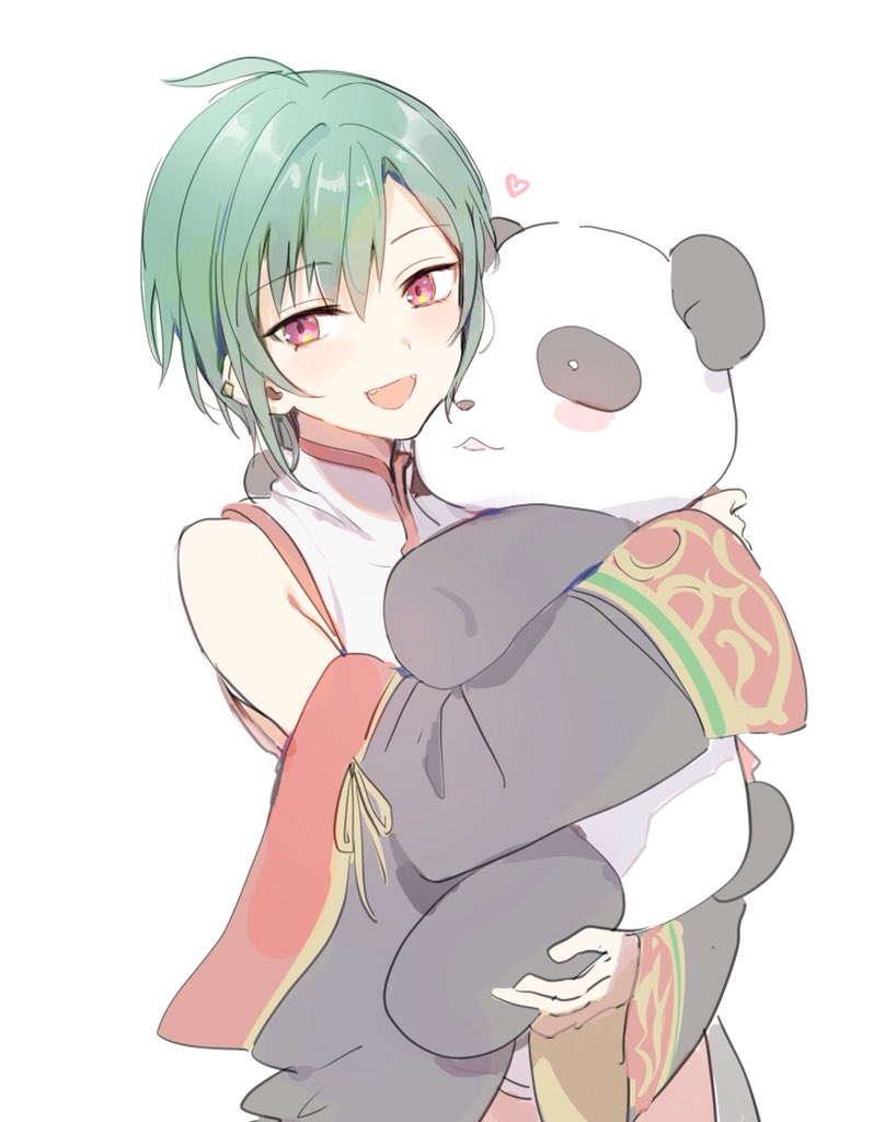 1other ahoge androgynous bad_id bad_twitter_id blush earrings fang green_hair hug jewelry konbu_wakame long_sleeves nijisanji open_mouth ryuushen short_hair solo stuffed_animal stuffed_panda stuffed_toy violet_eyes virtual_youtuber