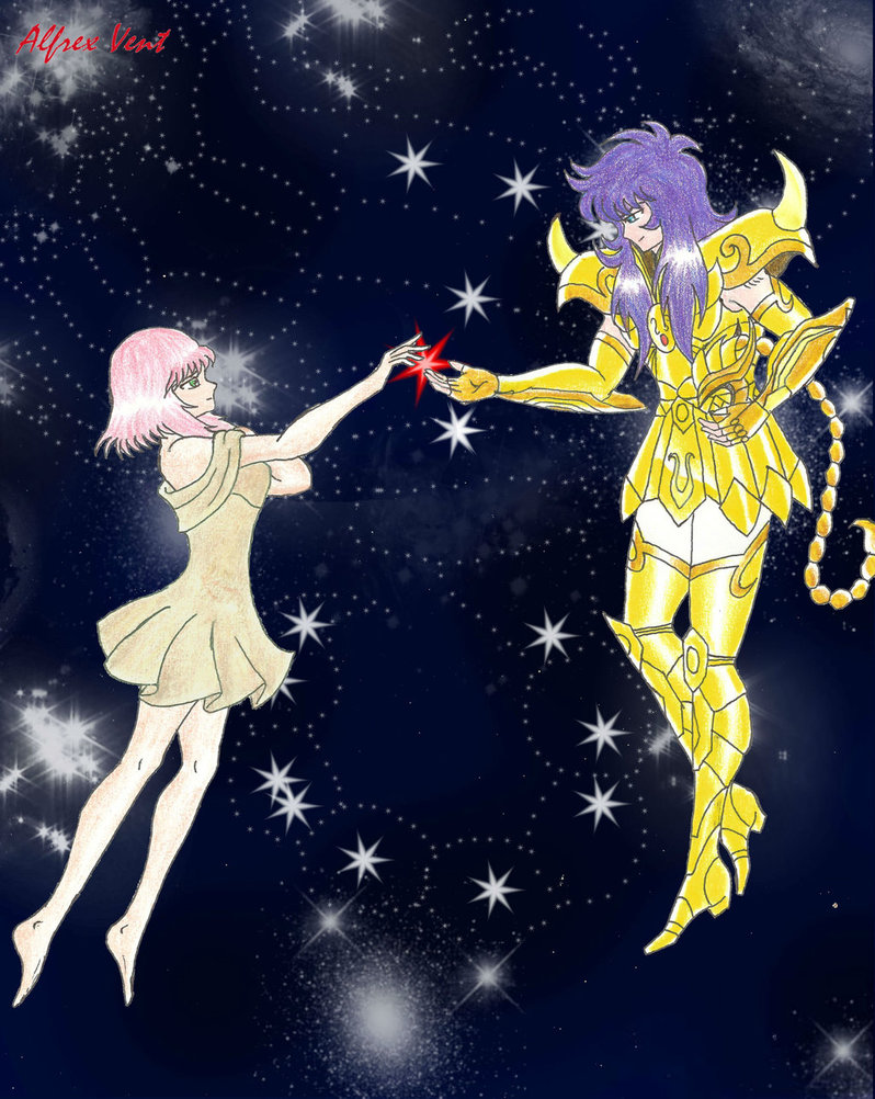 armor beige_dress blue_eyes blue_hair constellation giving_the_hands gold_saints green_eyes pink_hair saint saint_seiya_omega scorpio_milo scorpio_sonia