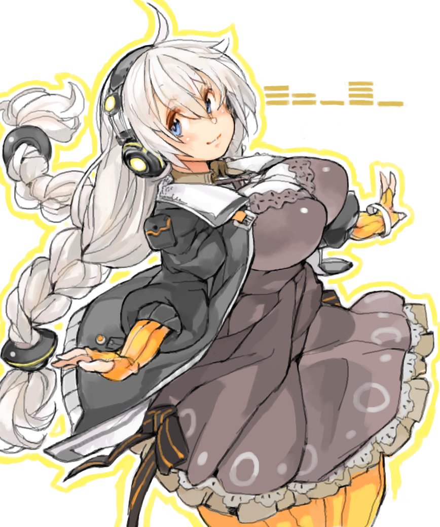 1girl ahoge bangs black_jacket blue_eyes braid breasts brown_dress closed_mouth collared_dress commentary covered_nipples dress fingerless_gloves frilled_dress frills gloves hair_between_eyes hair_ornament headphones jacket jacket_on_shoulders kizuna_akari large_breasts long_hair long_sleeves orange_gloves orange_legwear outline plump sachito silver_hair simple_background smile solo twin_braids twintails very_long_hair voiceroid white_background