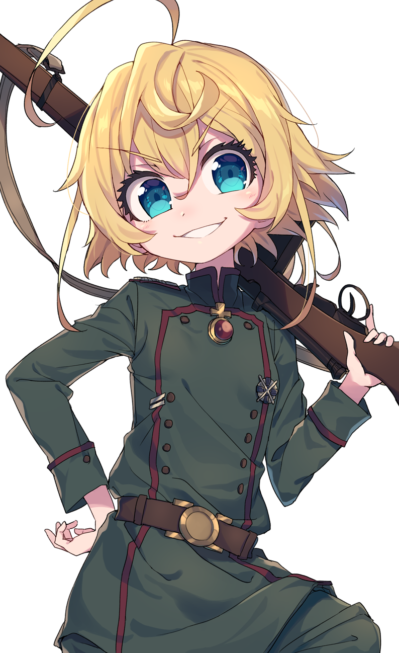 1girl ahoge bangs belt blonde_hair blue_eyes brown_belt commentary_request eyebrows_visible_through_hair green_jacket gun hair_between_eyes hand_on_hip head_tilt highres holding holding_gun holding_weapon jacket long_sleeves over_shoulder parted_lips rifle short_hair simple_background smile solo tanya_degurechaff v-shaped_eyebrows wagashi928 weapon weapon_over_shoulder white_background youjo_senki