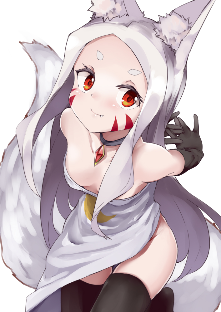1girl animal_ear_fluff animal_ears arms_behind_back bare_shoulders black_choker black_gloves black_legwear blush brooch choker commentary_request dress elbow_gloves facial_mark fang fang_out fox_ears fox_girl fox_tail gloves jewelry long_hair noa_(nagareboshi) red_eyes sewayaki_kitsune_no_senko-san shiro_(sewayaki_kitsune_no_senko-san) simple_background sleeveless sleeveless_dress smile solo tail thick_eyebrows thigh-highs thighs white_background white_hair