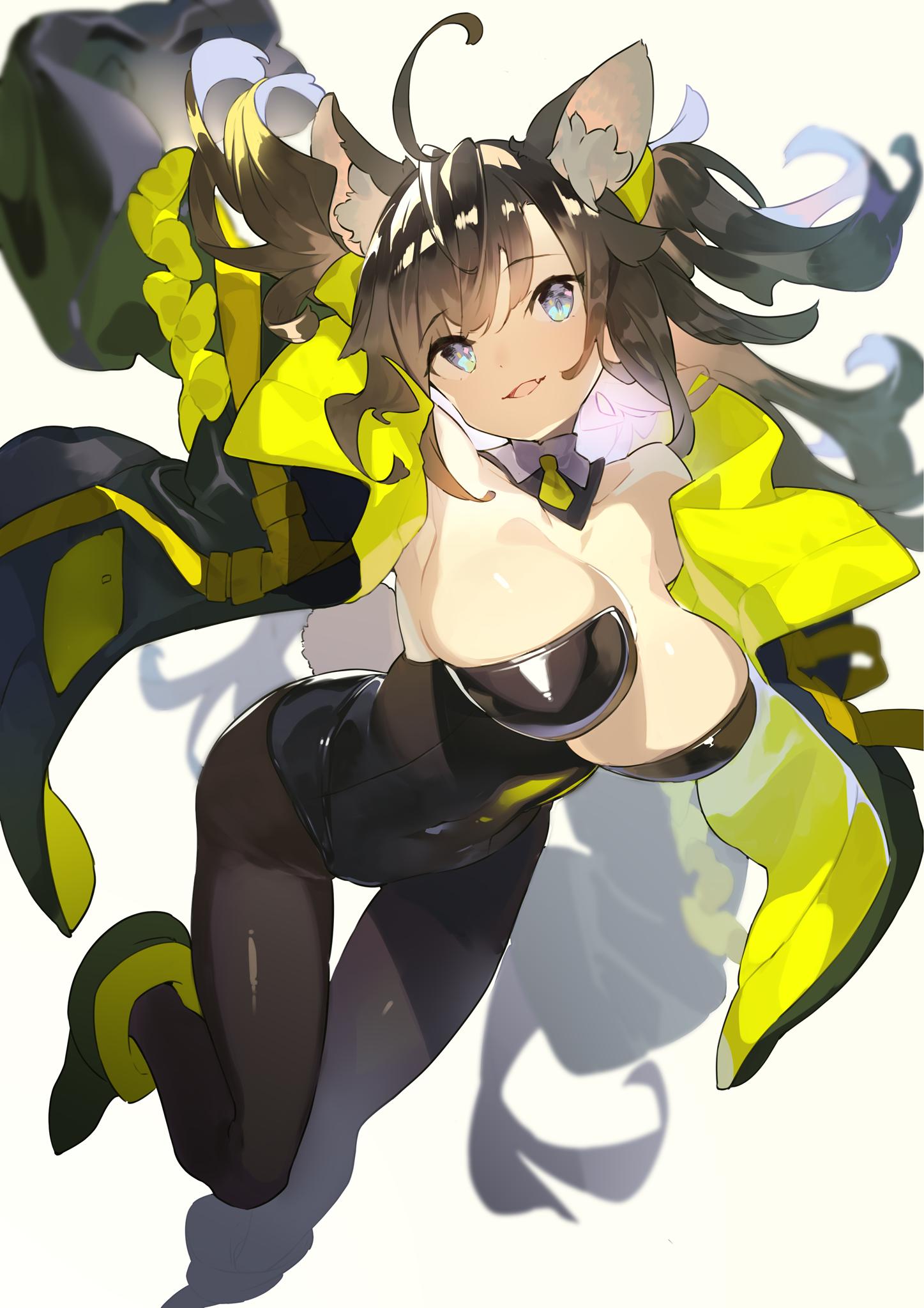1girl ahoge animal_ear_fluff animal_ears armpits black_leotard blue_eyes blurry blurry_background bouncing_breasts breasts breasts_apart brown_hair bunny_tail bunnysuit cat_ears commentary covered_navel depth_of_field fang feet_out_of_frame hajime_(hajime-ill-1st) highres jacket jumping large_breasts leotard long_hair open_mouth original pantyhose simple_background skin_fang smile solo tail thigh_gap yellow_jacket