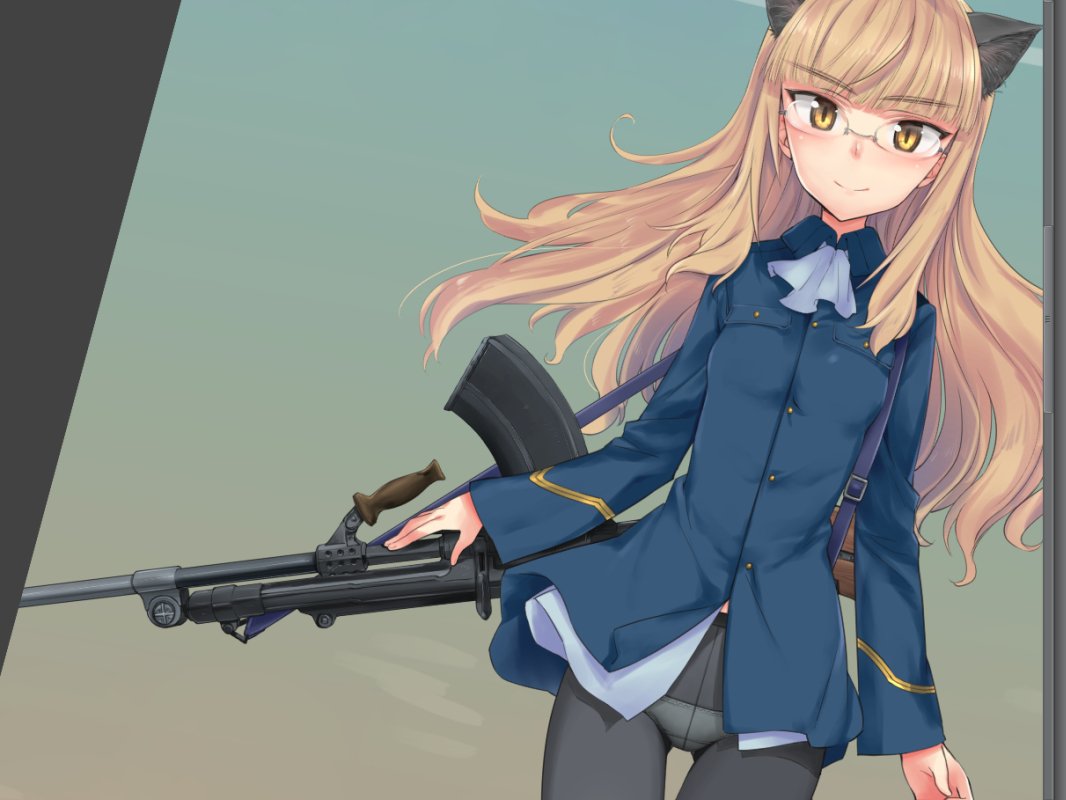 1girl animal_ears aohashi_ame arms_at_sides ass_visible_through_thighs blonde_hair bren_lmg cat_ears commentary_request cravat crotch_seam dutch_angle glasses gun long_hair lowleg lowleg_panties machine_gun magazine_(weapon) panties panties_under_pantyhose pantyhose perrine_h_clostermann sling smile solo strike_witches thigh_gap underwear weapon world_witches_series