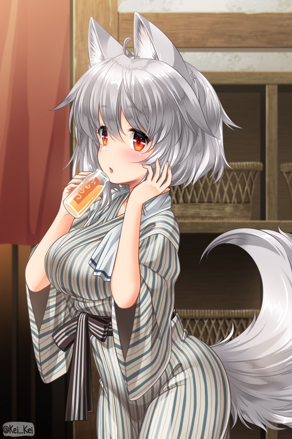 1girl ahoge animal_ear_fluff animal_ears bangs blush bottle breasts changing_room hair_between_eyes hands_up holding holding_bottle indoors inubashiri_momiji japanese_clothes kei_kei kimono large_breasts long_sleeves looking_at_viewer obi red_eyes sash short_hair solo standing tail touhou towel towel_around_neck wolf_ears wolf_tail