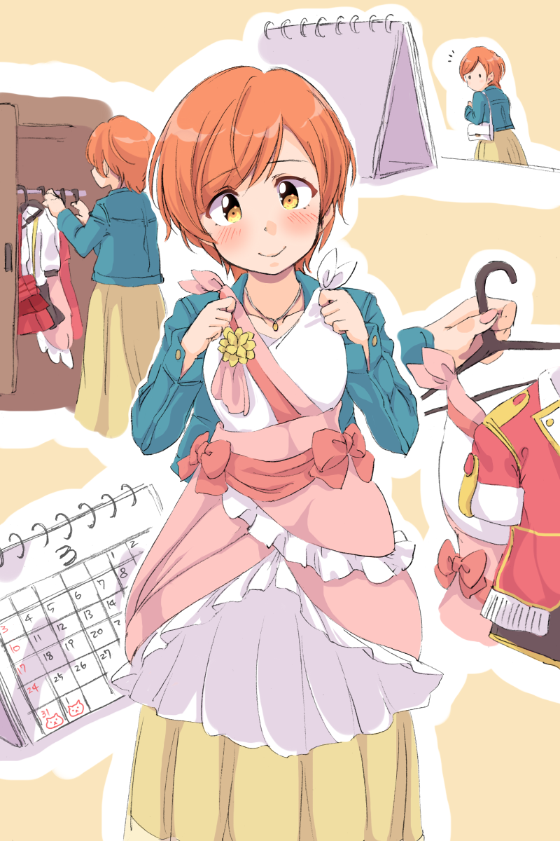 ._. 1girl blue_jacket blush bokura_no_live_kimi_to_no_life bokura_wa_ima_no_naka_de bokutachi_wa_hitotsu_no_hikari bow calendar_(object) closet clothes_hanger commentary_request dress flower highres holding_clothes holding_dress hoshizora_rin jacket jewelry long_sleeves love_live! love_live!_school_idol_project multiple_views notice_lines orange_hair pendant pink_bow pink_dress red_jacket sen_(sen0910) short_hair short_sleeves skirt sleeveless sleeveless_dress smile yellow_eyes yellow_flower yellow_skirt