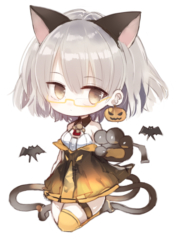 1girl animal_ears bangs bare_shoulders bat black_gloves brown_dress brown_eyes brown_legwear cat_ears cat_girl cat_tail chibi closed_mouth commentary_request dress earrings eyebrows_visible_through_hair full_body girls_frontline gloves grey_hair hair_between_eyes halloween_costume jack-o'-lantern jack-o'-lantern_earrings jewelry kotatu_(akaki01aoki00) looking_at_viewer paw_gloves paws pleated_dress semi-rimless_eyewear simple_background single_thighhigh solo tail thigh-highs under-rim_eyewear vector_(girls_frontline) white_background white_dress yellow-framed_eyewear